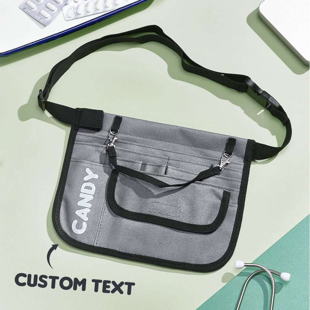 Side view of durable polyester and Oxford material on personalised nurse fanny pack showing zip pockets and reinforced stitching