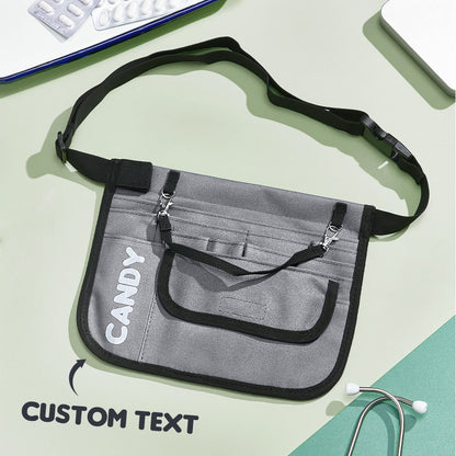 Side view of durable polyester and Oxford material on personalised nurse fanny pack showing zip pockets and reinforced stitching
