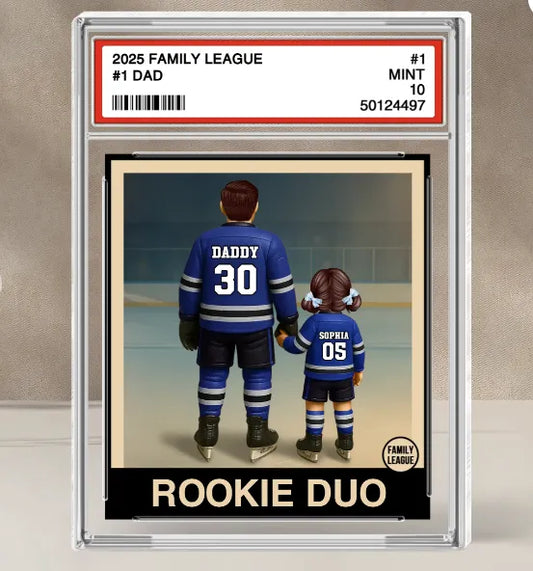 Front view of a personalised hockey plaque acrylic block with trading card design reading No.1 Dad, customisable with names for a hockey-loving dad.