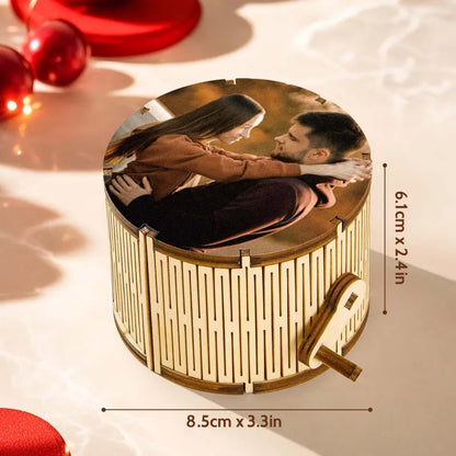 Close-up detail of button-activated MP3 player and USB charging port on personalised photo music box