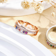 Personalised Birthstone Ring with Engraved Text - Custom Name Jewellery Gift for Women