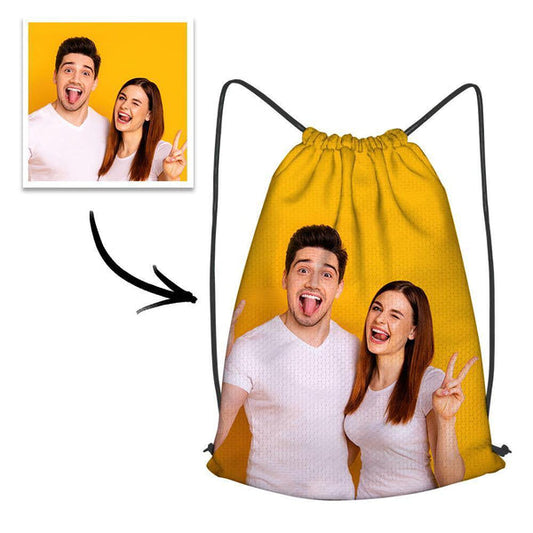 Personalised Photo Drawstring Sportpack with custom family photo print on honeycomb fabric – custom drawstring bag for school, gym and travel