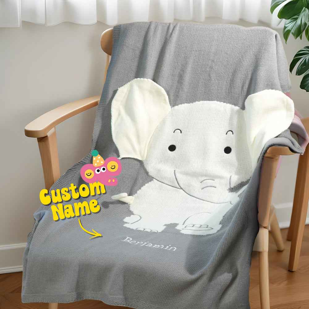 Personalized Baby Blanket Knitting Blanket Grey Elephant with Name Gift for Baby