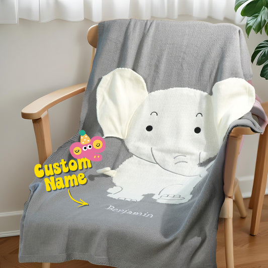Personalised grey elephant baby blanket with name in soft polyester knit, 70x100 cm, ideal for prams and cots.