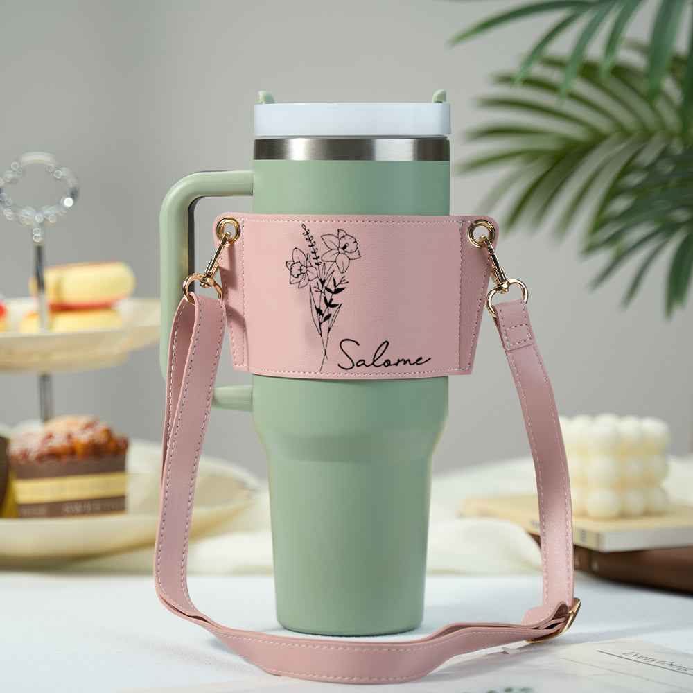 Personalized Birth Flower Water Bottle Carrier Bag for 40oz Stanley Tumbler Adjustable Strap Gift for Women