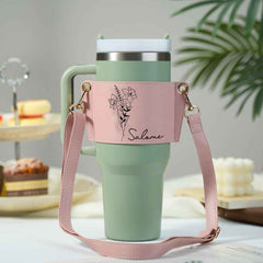 Personalized Birth Flower Water Bottle Carrier Bag for 40oz Stanley Tumbler Adjustable Strap Gift for Women