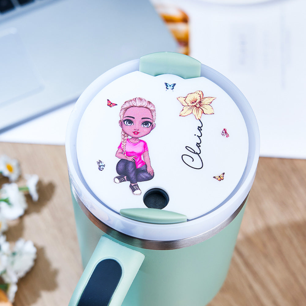 Close-up front view of Cartoon Girl birth flower acrylic name tag lid topper for 40oz Stanley tumbler showing detailed floral illustration