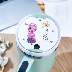 Personalized Cartoon Girl Birth Flower Tumbler Name Tag Lid Topper for 40oz Stanley Tumbler Accessory Gift for Her
