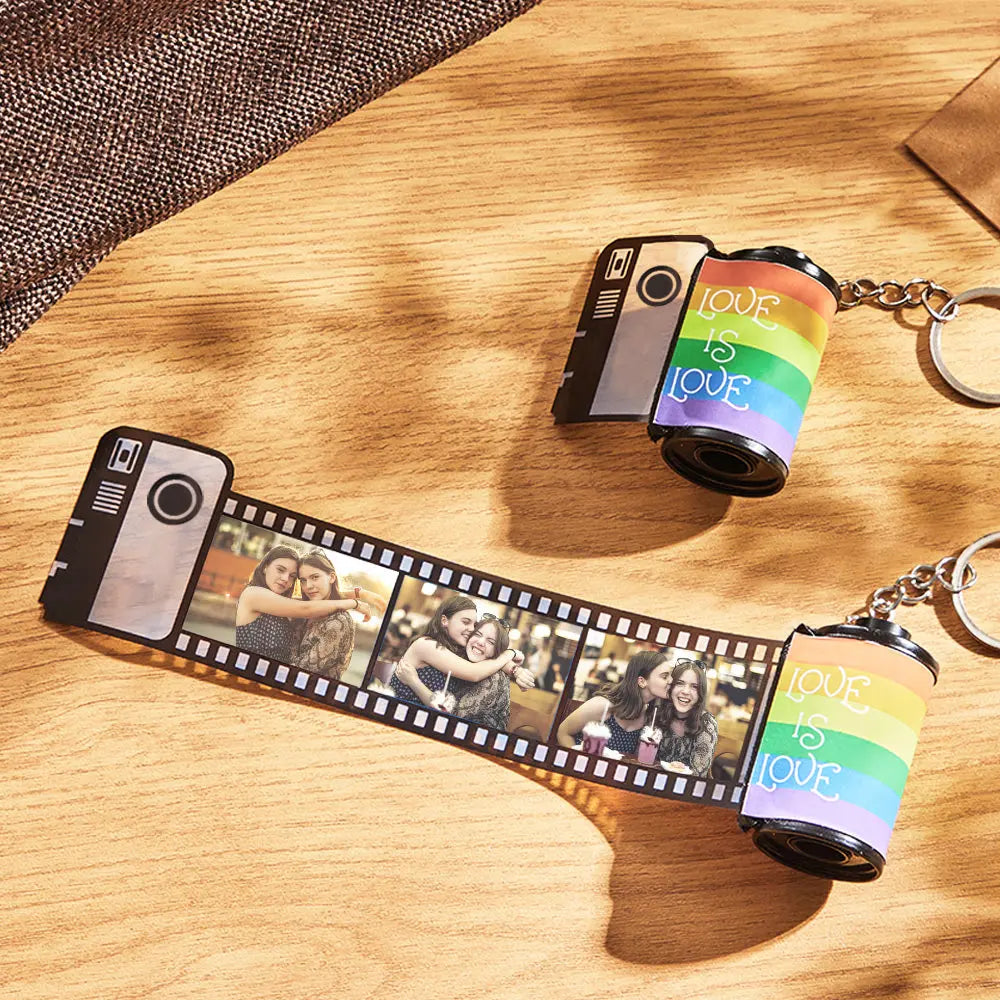 Custom rainbow film roll keyring personalised with a photo — compact 2.5 x 4.8 cm multiphoto roll keyring, ideal LGBT pride gift