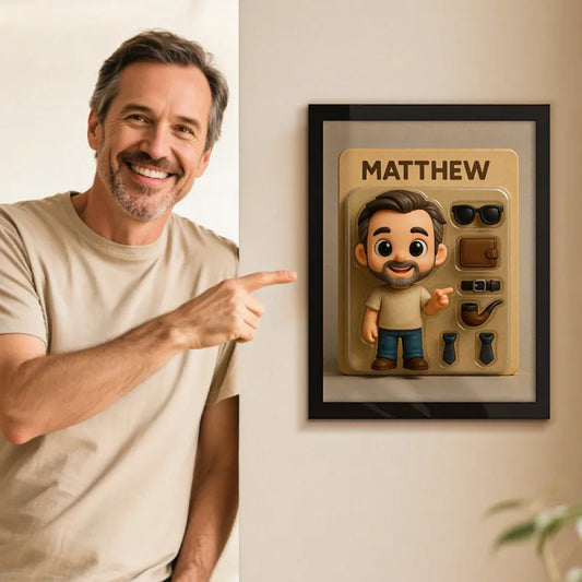 Custom figure portrait photo frame in a premium wood frame; personalised desk gift created from your uploaded photo, featuring a lifelike miniature figure and signature accessories.