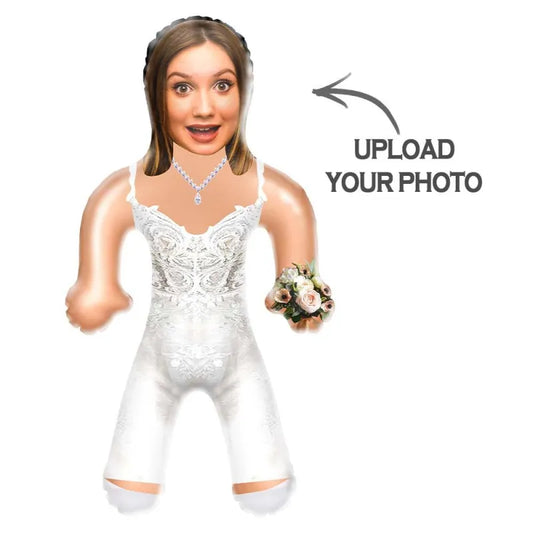 Side view of the personalised bride blow-up doll, showcasing its inflatable PVC body for fun wedding-party decor.