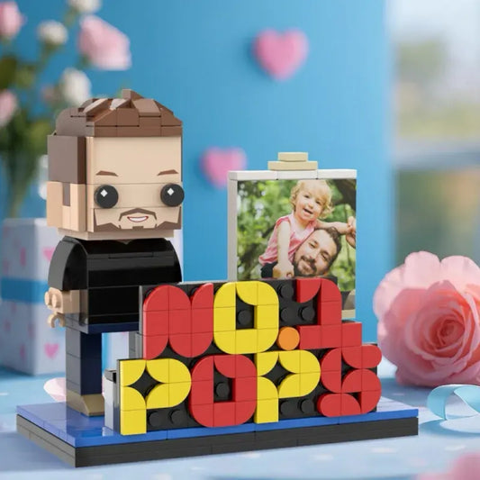 Full-body personalised building block figure created from a front-facing photo, showing customised hairstyle, facial expression and clothing — a custom photo brick figure ideal as a personalised Father's Day gift