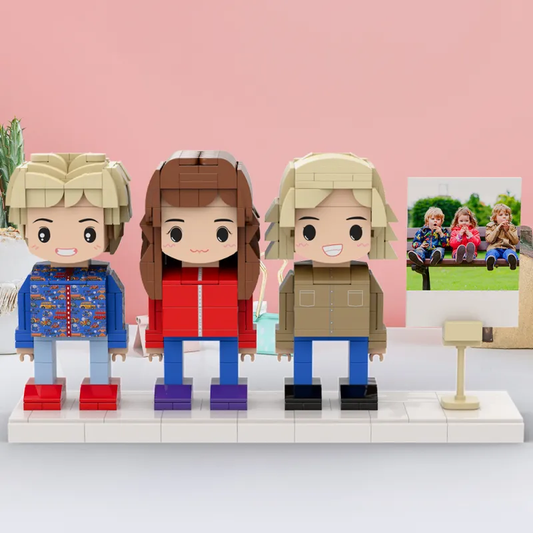 Front view of a personalised full‑body brick figure — customisable photo‑to‑brick keepsake made from durable ABS