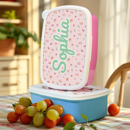 Side view showing secure snap closure and carry-friendly design on a personalised cartoon rabbit lunch box for kids