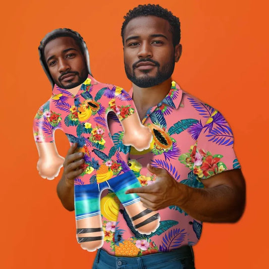 Personalised inflatable doll with custom face and vibrant Hawaiian shirt, ideal party gift