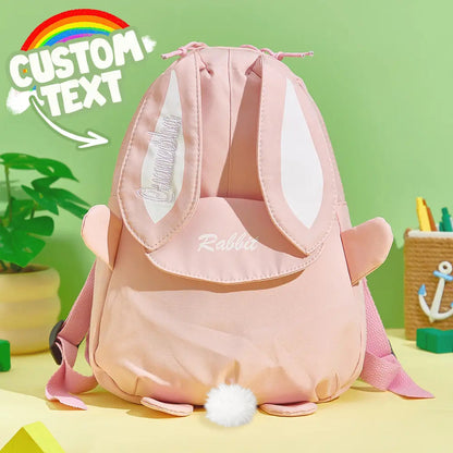 Personalised Name Embroidery Mini Rabbit Backpack front view on white background, cute rabbit motif and custom name embroidery on durable wipe‑clean nylon mini rucksack for toddlers and preschoolers