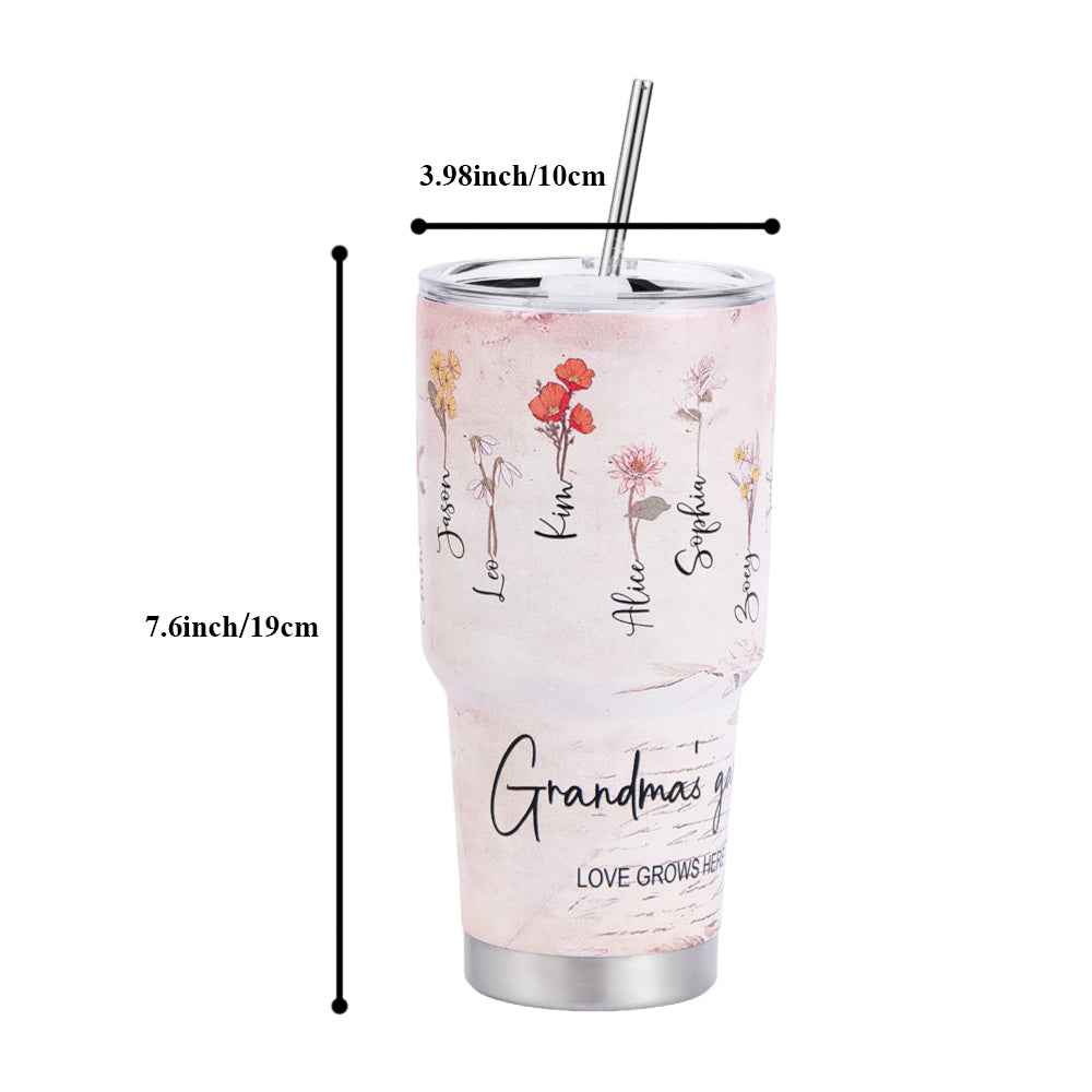 Custom 30oz Insulated Tumbler with Watercolor Birth Flower Name Text – Perfect Birthday Gift for Mom or Grandma