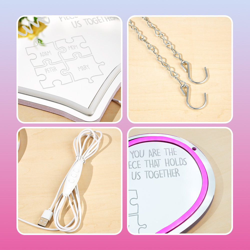 Detail of shatterproof acrylic edge and LED neon element on the Personalised Mum Puzzle Sign, showing premium finish and deeper engraving for long‑lasting personalised text