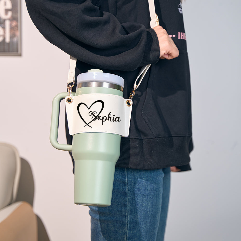 40oz Stanley tumbler snugly fitted inside personalised PU leather carrier pouch, secure top fit for easy on-the-go hydration