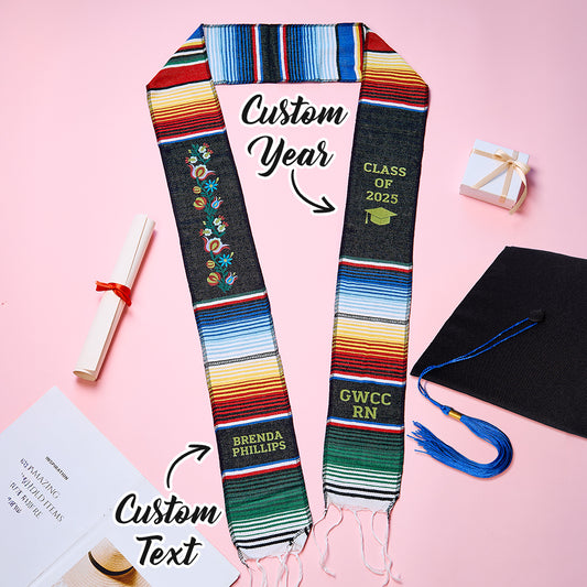 Personalised Mexican graduation stole for Class of 2025 in vibrant Mexican colours and traditional motif, polyester graduation sash for ceremonies and photos