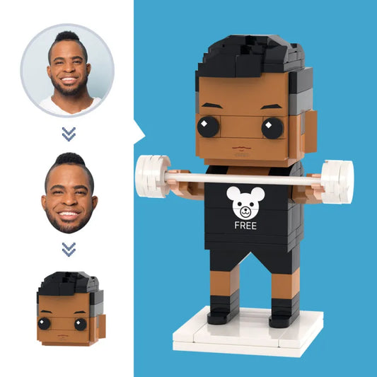 Custom weightlifter brick figure with personalised head, built from ABS eco-friendly bricks, showcasing a photo-based character in a classic weightlifting pose.