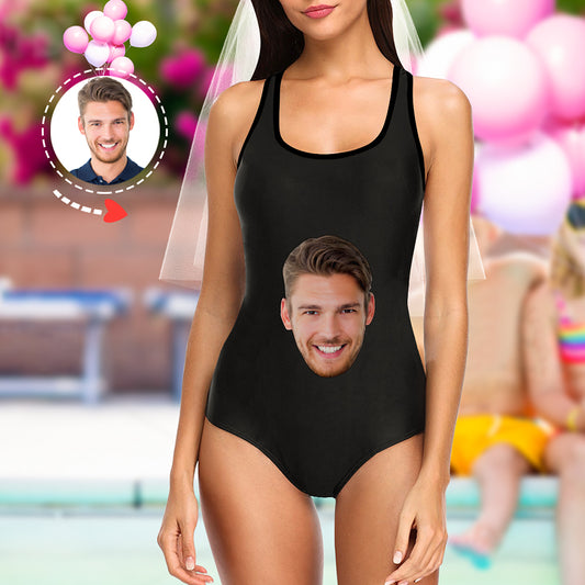 Personalised photo one-piece swimsuit front view with custom face print – women's customised swimwear, perfect personalised gift for her