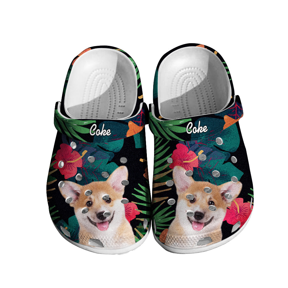 Selection of personalised pet face clogs in various EU sizes (36–48) displaying custom pet portraits and names – ideal personalised gift for pet owners and pet memorial gifts