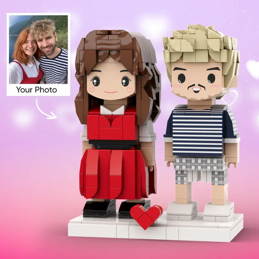 Custom Brick Figures personalised couple anniversary gift showing two miniature figures with funny face building blocks, AI face‑mapped smiles in eco‑friendly ABS