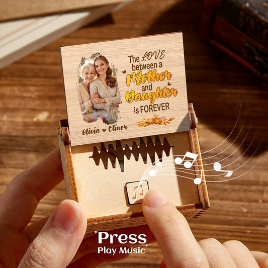 Personalised wooden music box with custom photo on the lid and subtle engraving — a voice keepsake gift for Mum