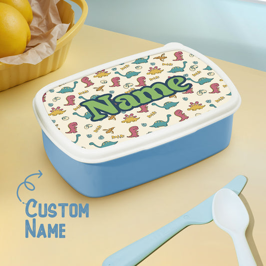 Personalised cute dinosaur print lunch box with name on lid – colourful kids school lunch box, ideal birthday gift