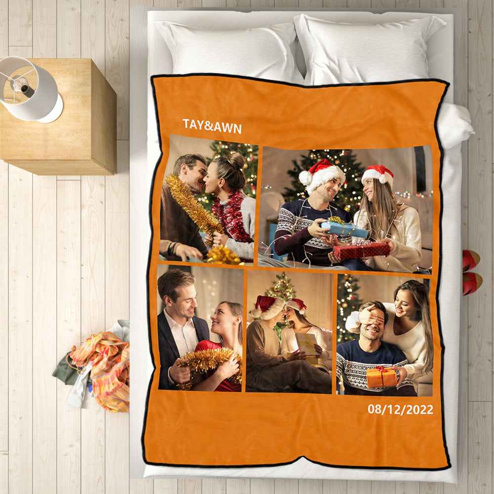 Personalised 5 Photos Fleece Blankets Custom Text Throw Couples Blanket