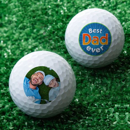 Close-up of a personalised photo golf ball featuring a family picture and 'Best Dad Ever' text — perfect custom photo golf ball Father's Day gift for dad