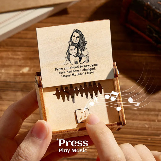 Custom Photo Music Box — personalised wooden keepsake with your photo on the lid, plays MP3s and makes a thoughtful gift for Mother's Day, weddings and memorials