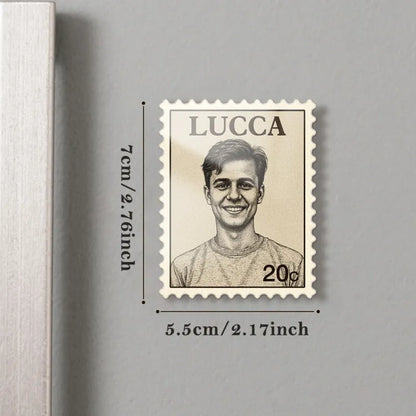 Magnet displayed on a metal surface; a custom portrait with postage-stamp styling makes a personalised photo gift.