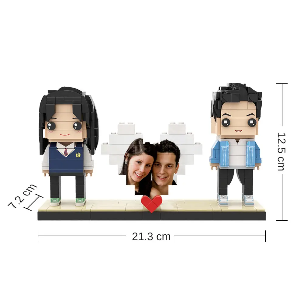 Custom full‑body mini block photo figures for two people, personalised brick couple with customised hairstyle, clothing and simple accessories — ideal wedding gift