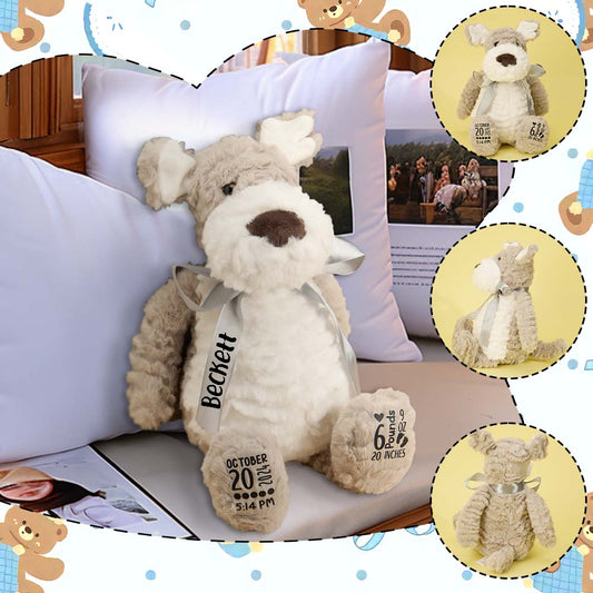 Personalised puppy dog plush (35 x 20 cm) front view showing embroidered birth stats (name, date, time, weight, length) — soft cuddly birth announcement keepsake for newborns