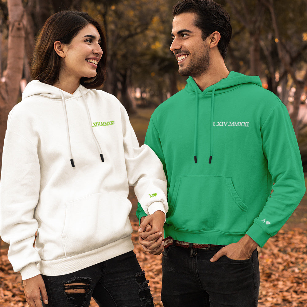 Personalised hoodie packaging and presentation — custom embroidered Roman numeral date, ready for gifting
