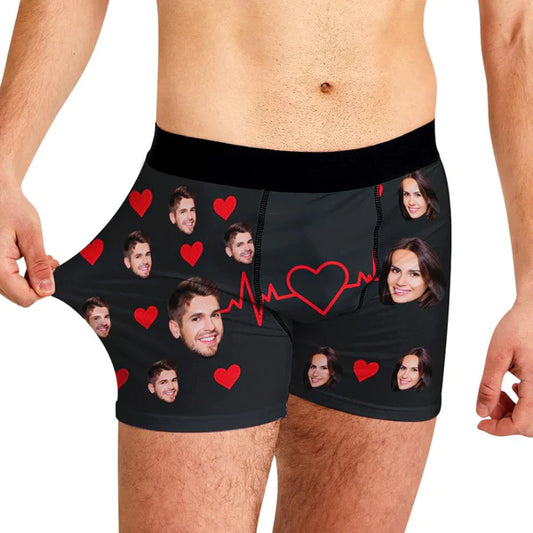 Personalised two-face boxer briefs for men with heart photo print – custom photo underwear gift for husband or boyfriend, soft breathable personalised underwear