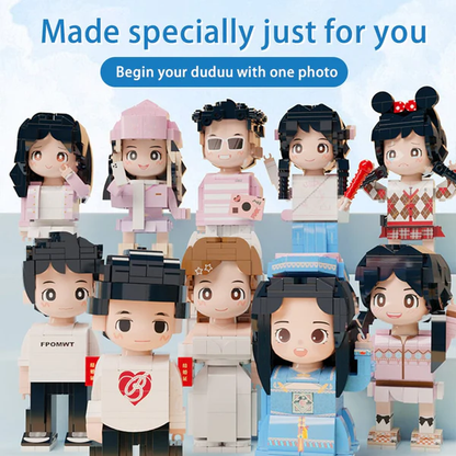 Packed components and assembly instructions for customised Duddu brick figure — easy to assemble personalised face gift