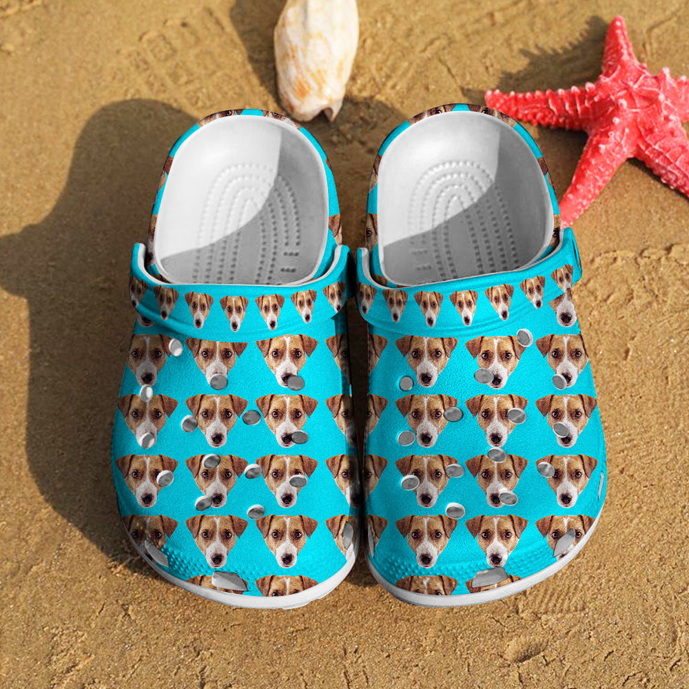 Personalisation example on a personalised pet face clog showing photo print quality and custom name — upload high-resolution images for best results
