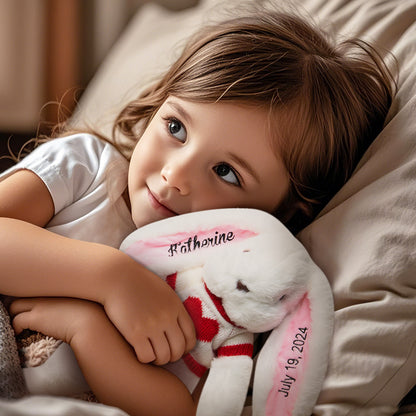 Front view of personalised jumper bunny plush with embroidered name on cosy sweater, perfect personalised bunny soft toy gift for children