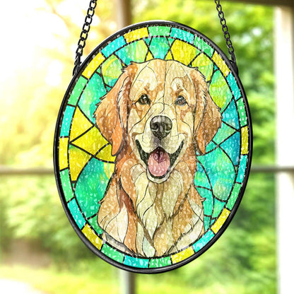 Pet keepsake suncatcher hanging in a window catching sunlight — customised stained glass memorial to celebrate a beloved pet