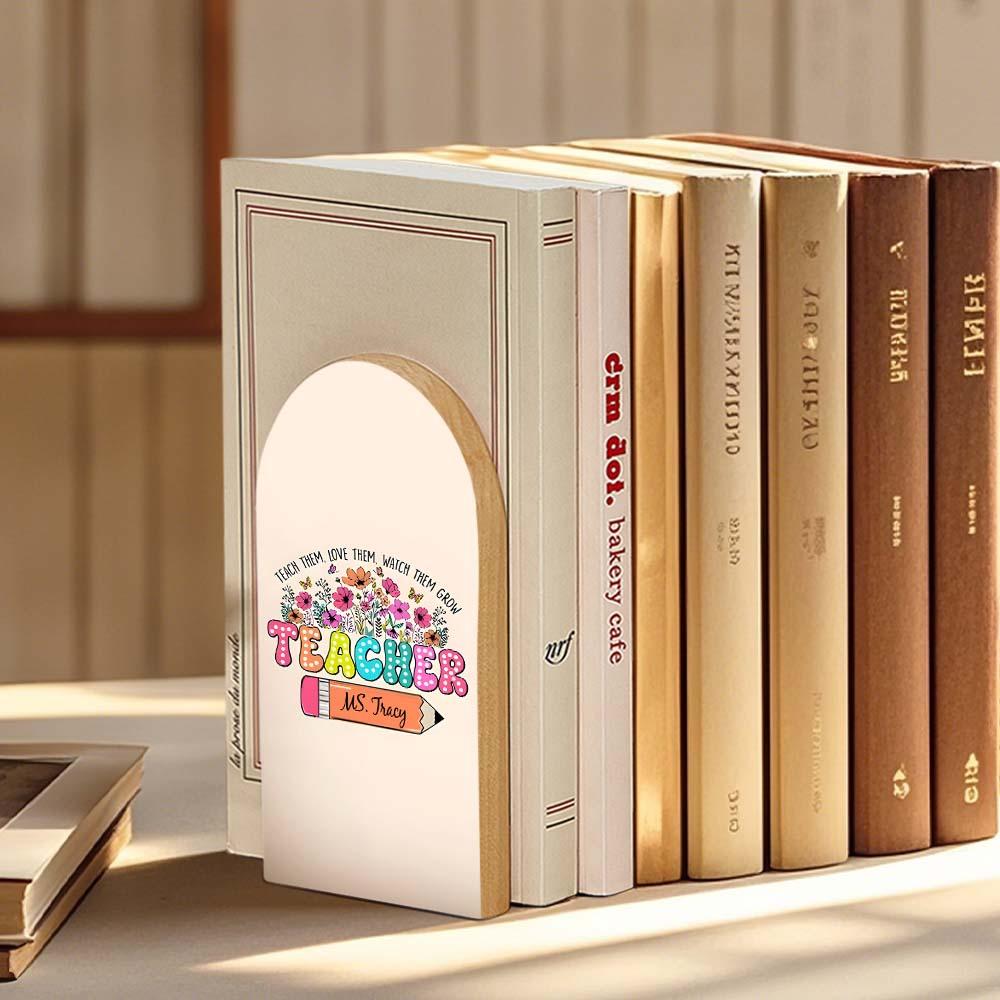 Personalised Wood Bookends with Name Engraving - Floral Pencil Teacher Gift