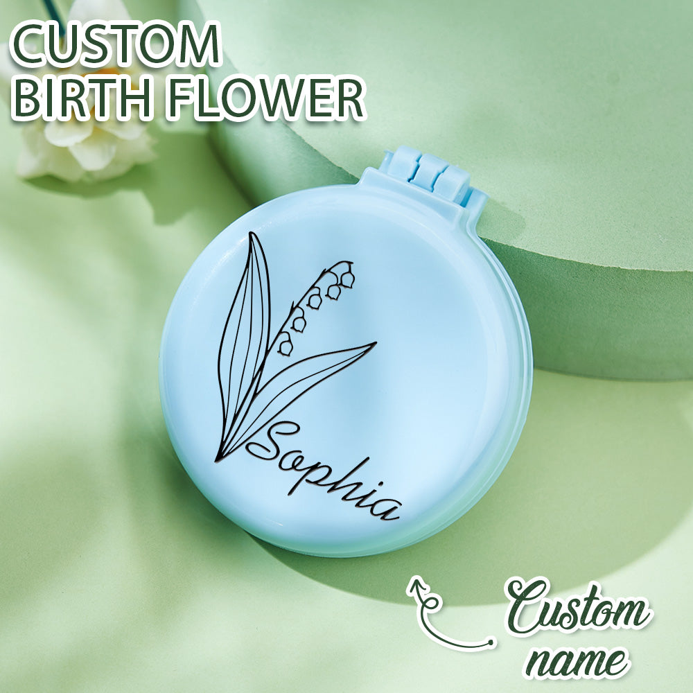 Personalised Foldable Mirror with Hair Brushes | Mini Birth Flower Cushion Mirror Comb Gift