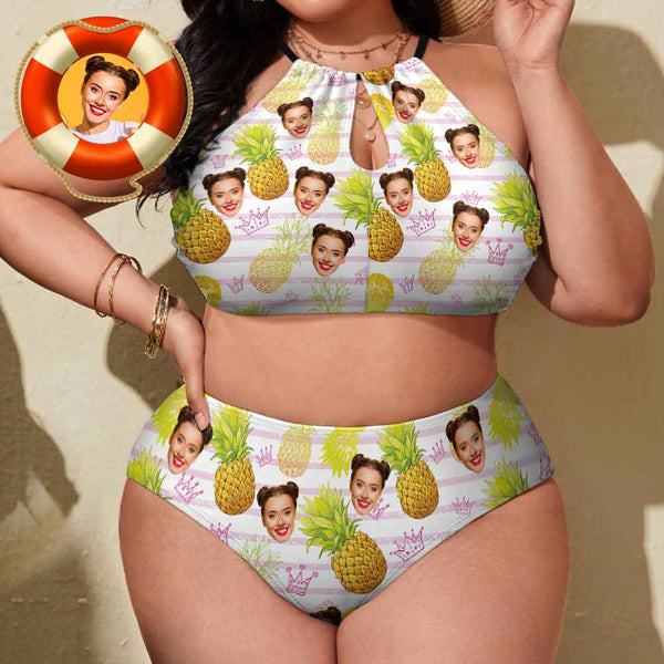 Custom Face Plus Size Swimwear Personalized Pineapple High Waist Bikini Swimsuit