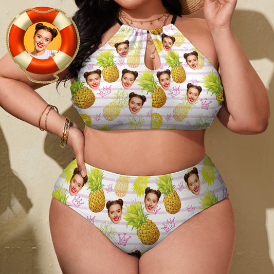 Front view of personalised pineapple custom photo plus-size high-waist bikini — halter top with flattering high-waist briefs, personalised swimwear