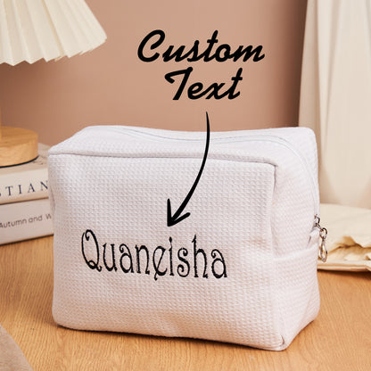 Personalised waffle make-up bag with embroidered name, stylish waffle cosmetic organiser and gift for her