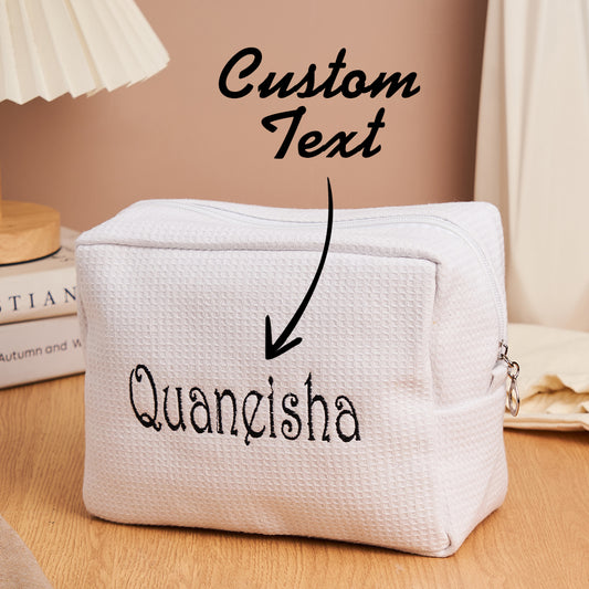 Personalised waffle make-up bag with embroidered name, stylish waffle cosmetic organiser and gift for her
