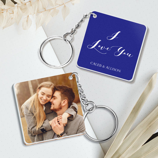 Close-up of personalised double-sided photo keychain in acrylic showing custom photograph printed on both sides — a 1.8-inch personalised keychain keepsake, ideal custom acrylic gift