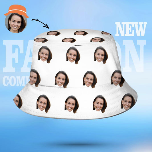 Custom Face Bucket Hat showing personalised portrait print on breathable fabric — unisex foldable sun & beach cap with 7cm brim and UV protection
